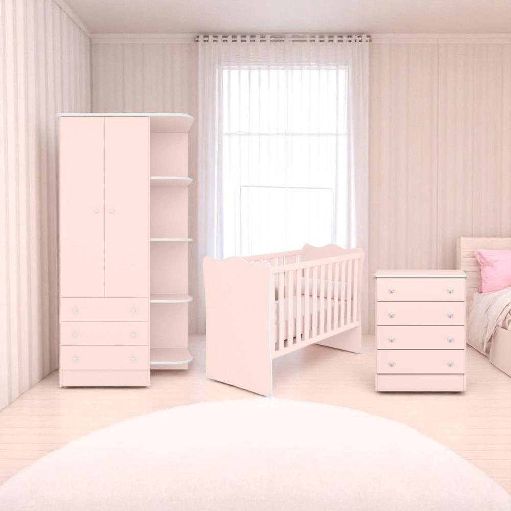 Conjunto Infantil Aurora Rosa Acetinado: Berço Aurora + Cômoda Aurora + Guarda-roupa Aurora - 1