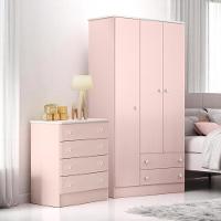 Conjunto Infantil Aurora Rosa Acetinado: Cômoda 4 Gavetas Aurora + Guarda-roupa Aurora 3 Portas - 1
