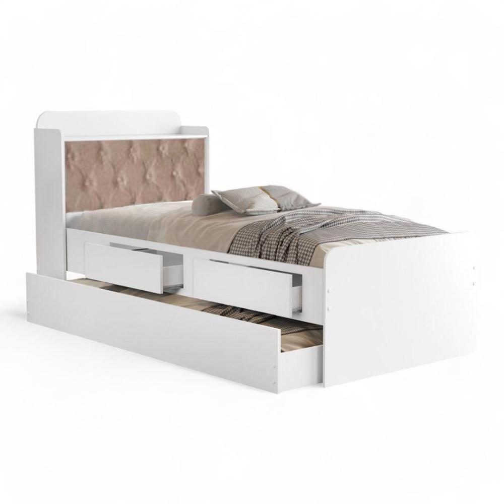 Cama Tamires Baú Branco Com Auxiliar E Capitonê Bege - 2