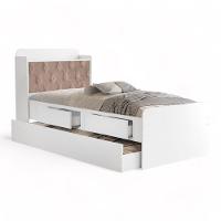 Cama Tamires Baú Branco Com Auxiliar E Capitonê Bege - 2