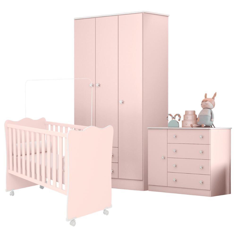 Conjunto Infantil Aurora Rosa: Berço Aurora + Kit Rodízios + Cômoda Aurora + Guarda-roupa Aurora - 3