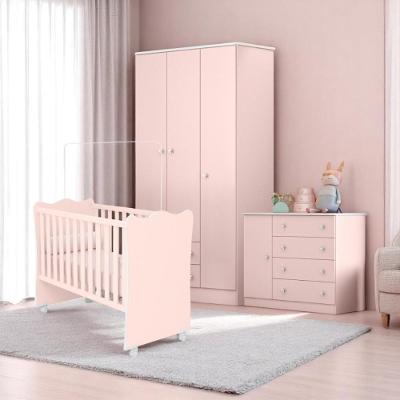 Conjunto Infantil Aurora Rosa: Berço Aurora + Kit Rodízios + Cômoda Aurora + Guarda-roupa Aurora