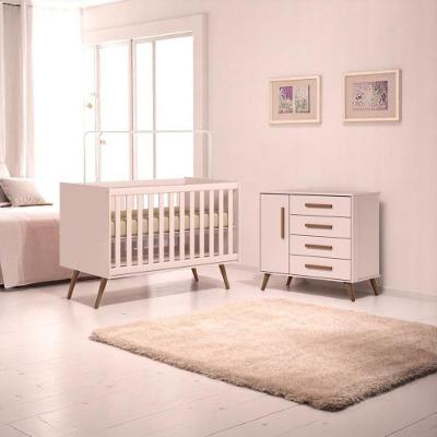 Conjunto Infantil Retrô Rosa Orion: Berço Orion Mini Cama + Cômoda Luma