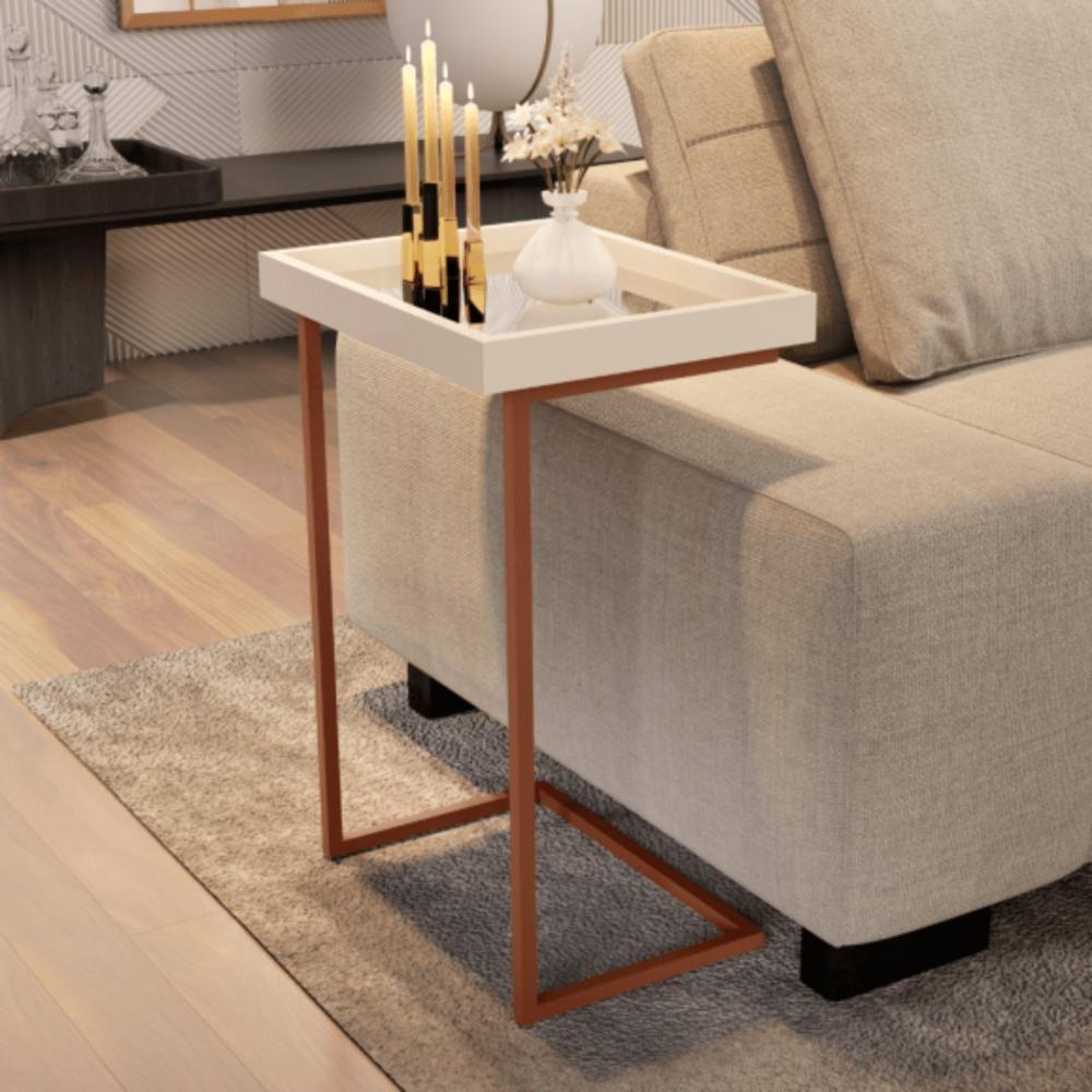 Mesa De Apoio Lateral Sala De Estar 4876 Perola Pé De Ferro Bronze - 1