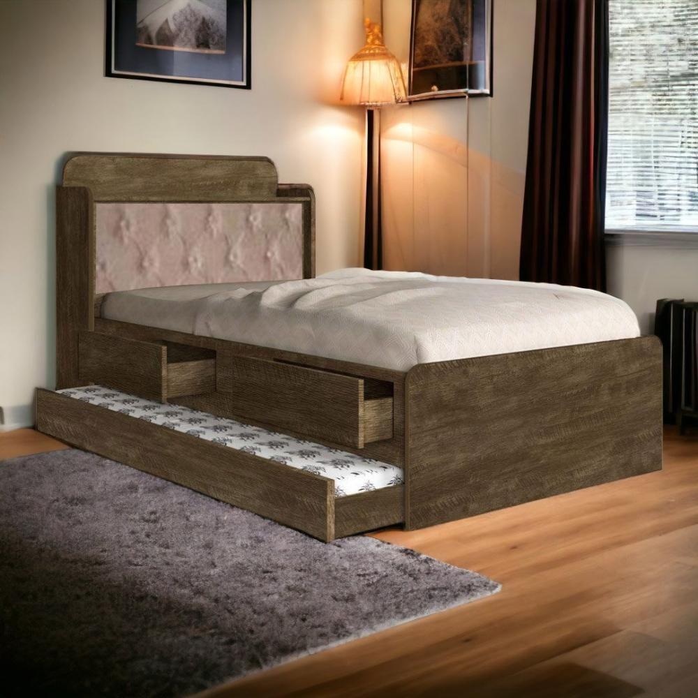 Cama Tamires Baú Castanho Com Auxiliar E Capitonê Bege - 1