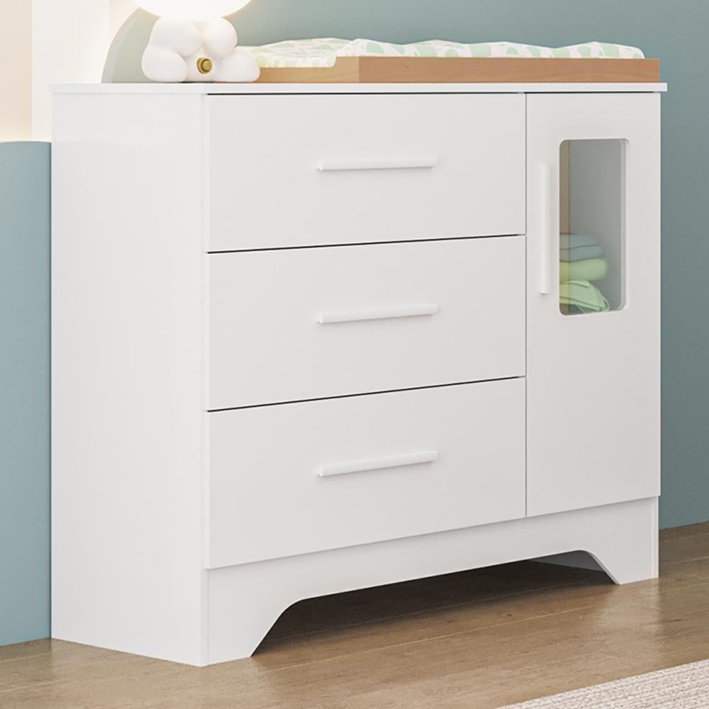 Cômoda Infantil Popy Retrô Plus 1 Porta Com Janela E 3 Gavetas Branco Brilho - Móveis Peroba - 1