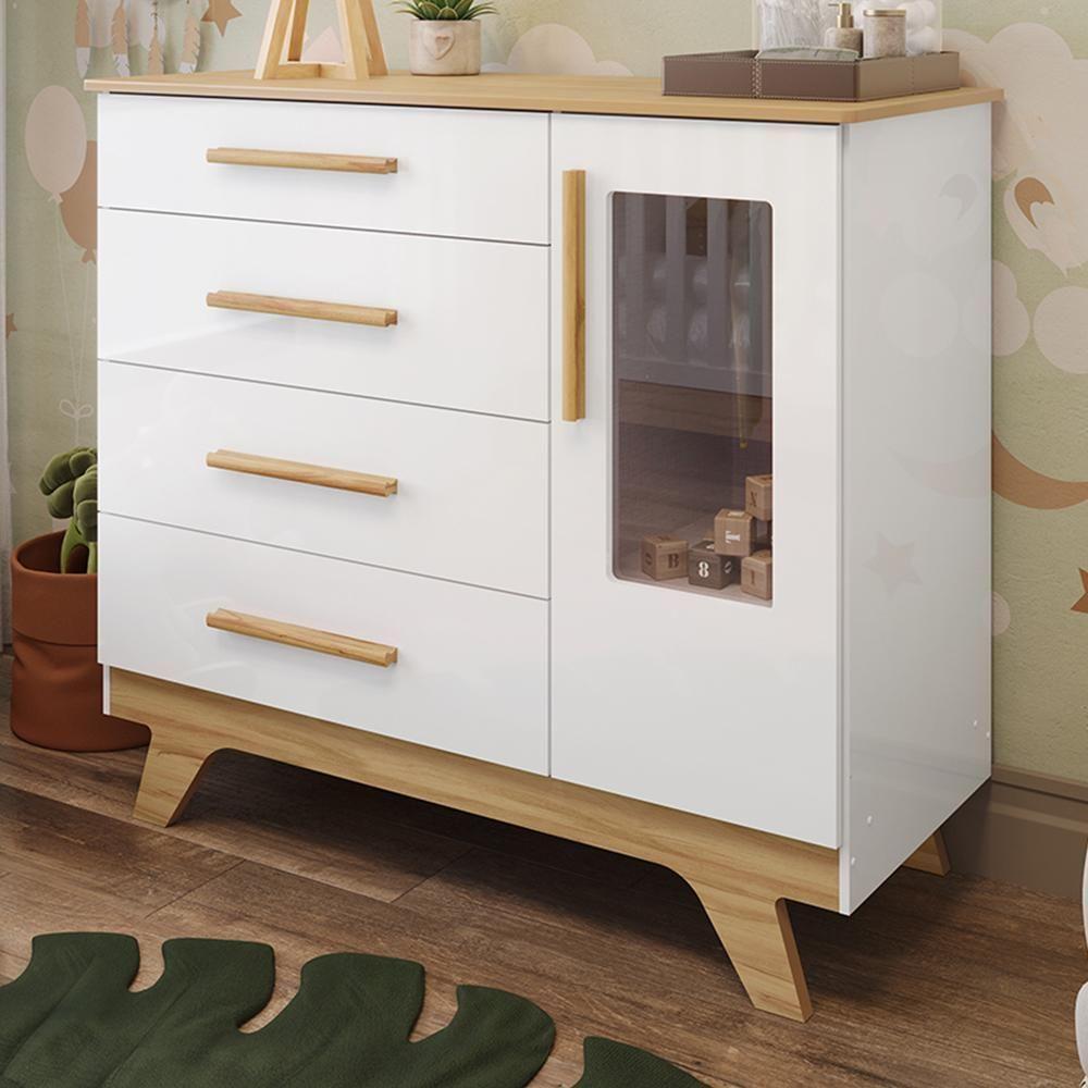Cômoda Infantil Retrô 1 Porta Com Janela E 4 Gavetas Branco Brilho/amêndoa - Móveis Peroba - 2