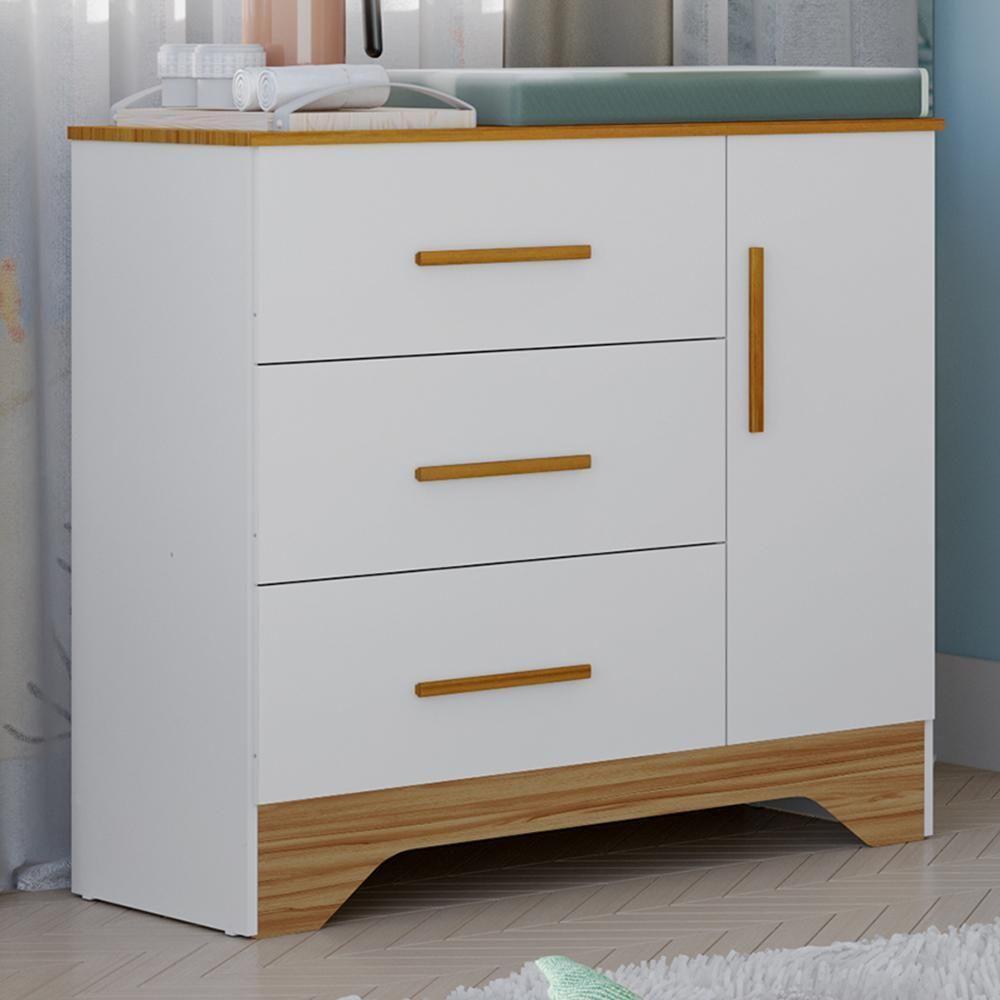 Cômoda Infantil Popy Retrô Plus 1 Porta E 3 Gavetas Branco Brilho/amêndoa - Móveis Peroba - 1