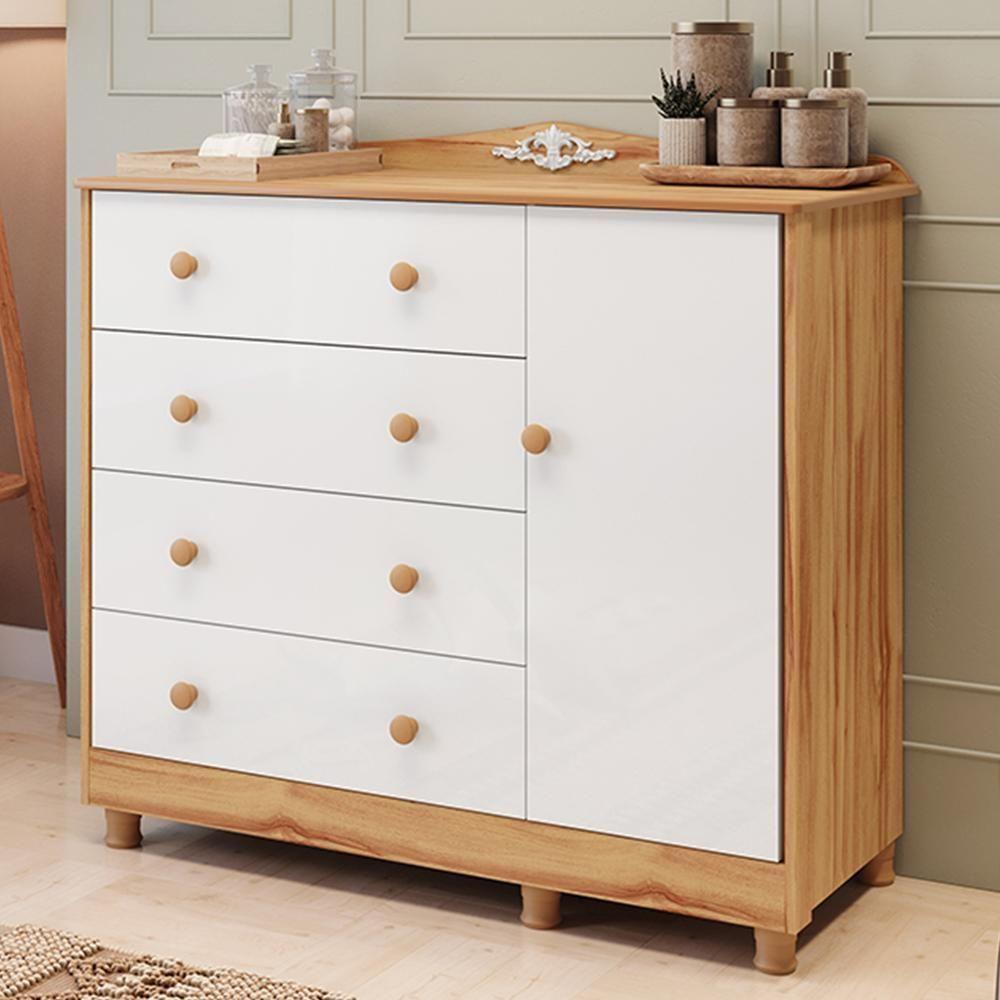 Cômoda Infantil Elô New 1 Porta E 4 Gavetas Branco Brilho/amêndoa - Móveis Peroba Branco - 1