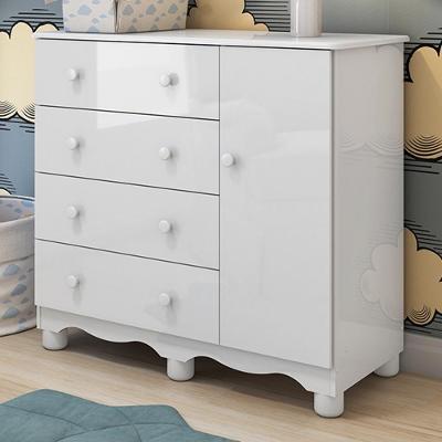 Cômoda Infantil Júnior New 1 Porta E 4 Gavetas Branco Brilho - Móveis Peroba