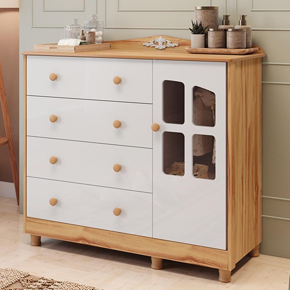 Cômoda Infantil Elô New 1 Porta Com Janela E 4 Gavetas Branco Brilho/amêndoa - Móveis Peroba - 1