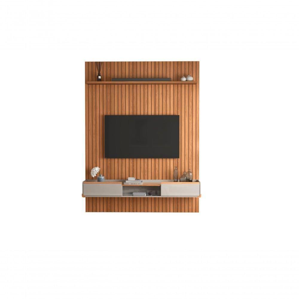 Conj. Painel Oslo Frisado C/ Prateleira - Jequitiba + Bancada Atlas 1.9 2 Gaveteiros - Off White - 2