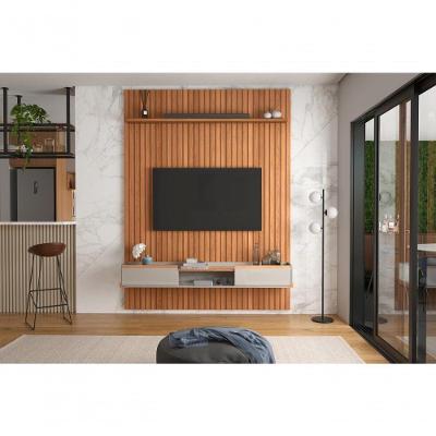 Conj. Painel Oslo Frisado C/ Prateleira - Jequitiba + Bancada Atlas 1.9 2 Gaveteiros - Jequitiba/off White