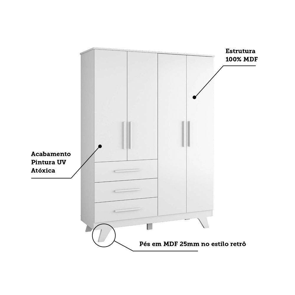 Guarda Roupa Infantil Retrô 4 Portas E 3 Gavetas Branco Brilho - Móveis Peroba - 3