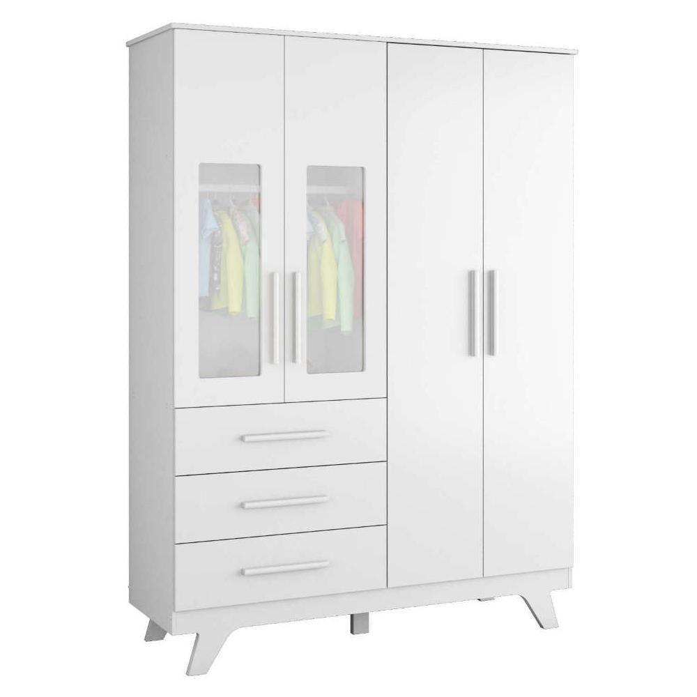 Guarda Roupa Infantil Retrô 4 Portas Com Janelas E 3 Gavetas Branco Brilho - Móveis Peroba - 1