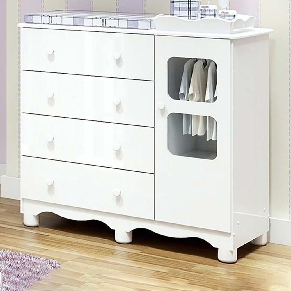 Cômoda Infantil Uli New 1 Porta E 4 Gavetas Branco Brilho - Móveis Peroba - 1