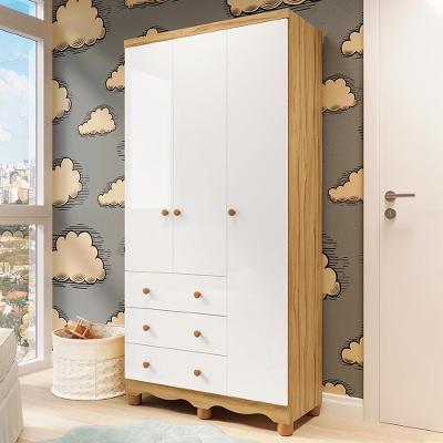 Guarda Roupa Infantil Júnior 3 Portas E 3 Gavetas Branco Brilho/amêndoa - Móveis Peroba Branco