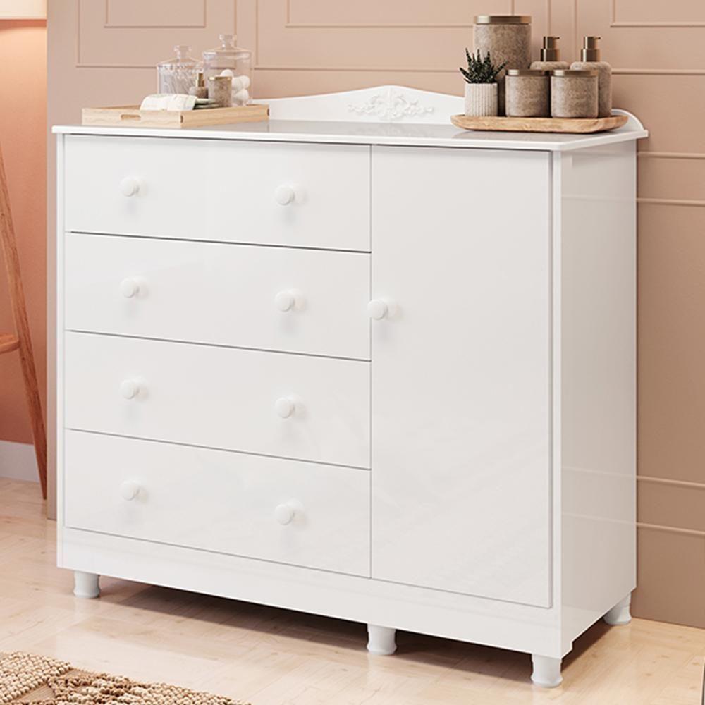Cômoda Infantil Elô New 1 Porta E 4 Gavetas Branco Brilho - Móveis Peroba - 1