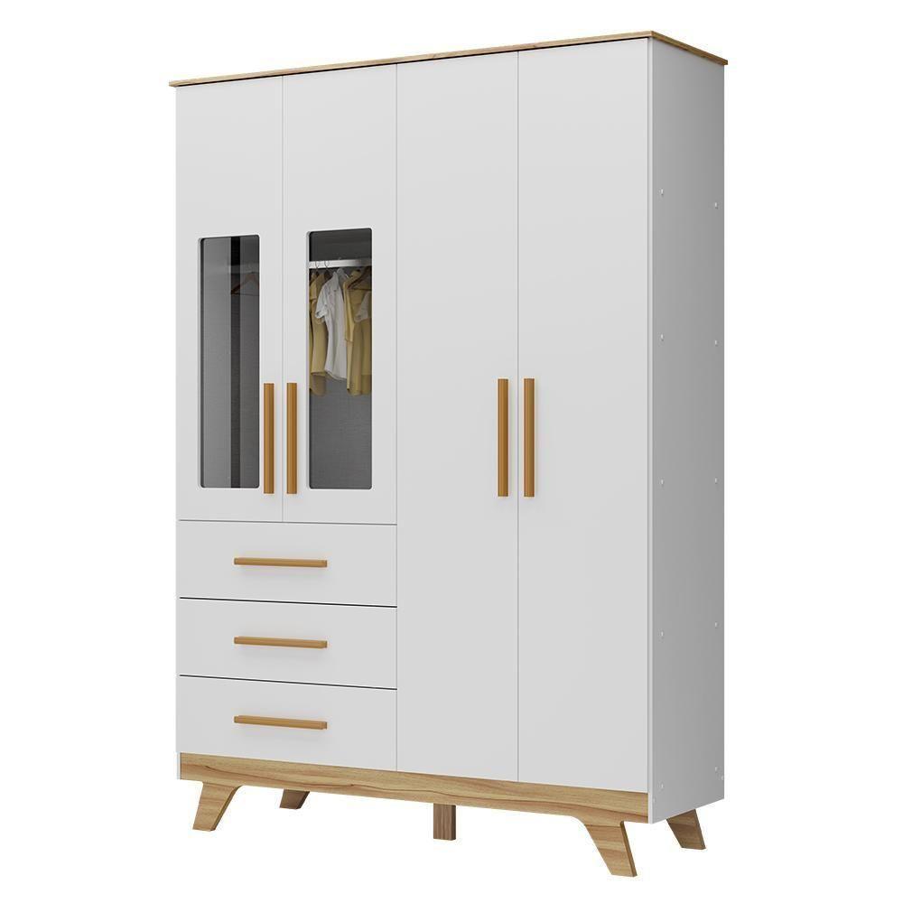 Guarda Roupa Infantil Retrô 4 Portas Com Janelas E 3 Gavetas Branco Brilho/amêndoa - Móveis Peroba - 1