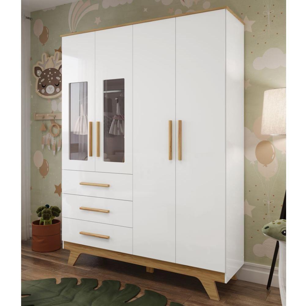 Guarda Roupa Infantil Retrô 4 Portas Com Janelas E 3 Gavetas Branco Brilho/amêndoa - Móveis Peroba - 2