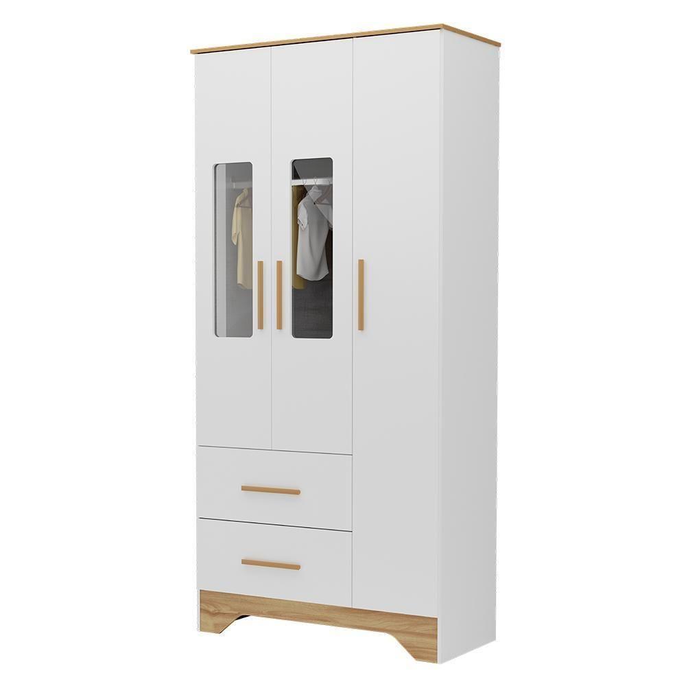 Guarda Roupa Infantil Popy Retrô Plus 3 Portas Com Janelas E 2 Gavetas Branco Brilho/amêndoa - Móveis Peroba - 1