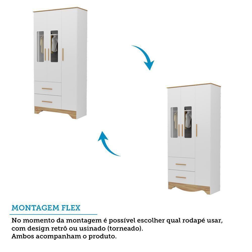 Guarda Roupa Infantil Popy Retrô Plus 3 Portas Com Janelas E 2 Gavetas Branco Brilho/amêndoa - Móveis Peroba - 4