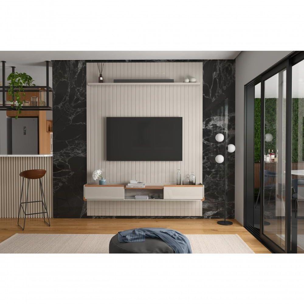 Conj. Painel Oslo Frisado C/ Prateleira - Off White + Bancada Atlas 1.9 2 Gaveteiros - jequitiba - 1