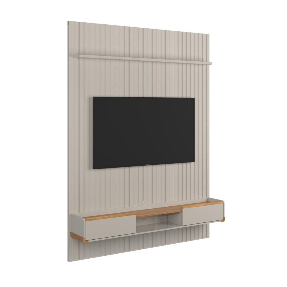 Conj. Painel Oslo Frisado C/ Prateleira - Off White + Bancada Atlas 1.9 2 Gaveteiros - jequitiba - 2