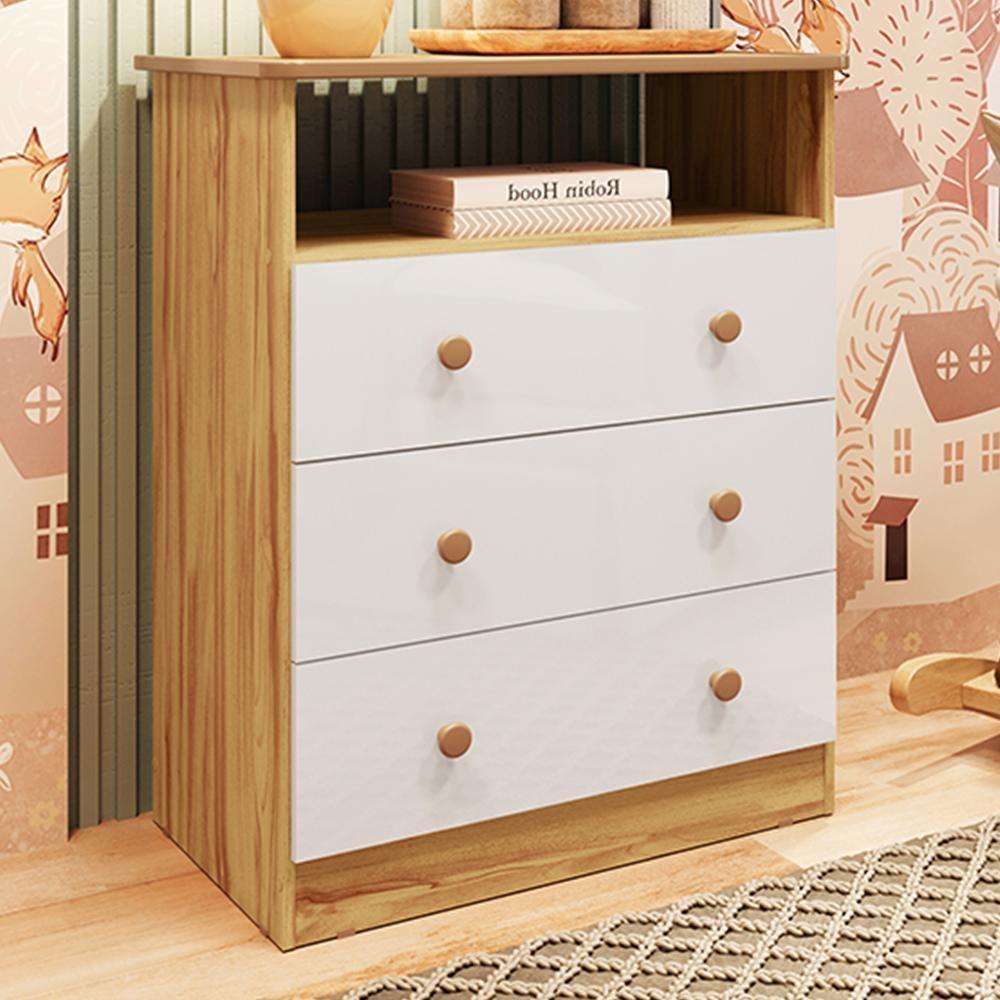 Cômoda Infantil Smim New 3 Gavetas Branco Brilho/amêndoa - Móveis Peroba - 2