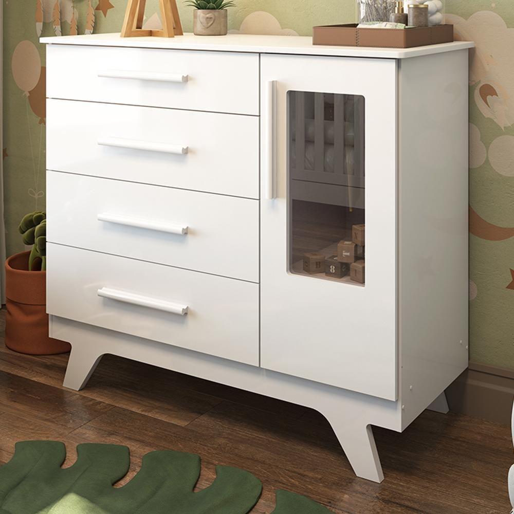 Cômoda Infantil Retrô 1 Porta Com Janela E 4 Gavetas Branco Brilho - Móveis Peroba - 1