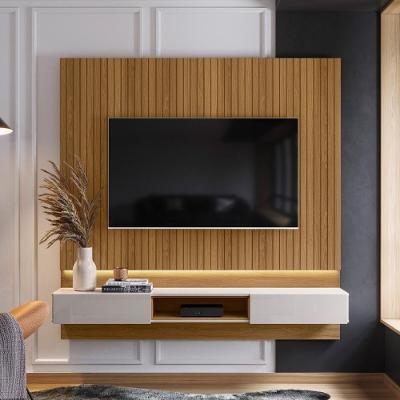 Painel Roma P/ Tvs Até 70 C/ Bancada 2 Gavetas Suporte P/ Decoração - Freijo Ripado/off White Perolizado