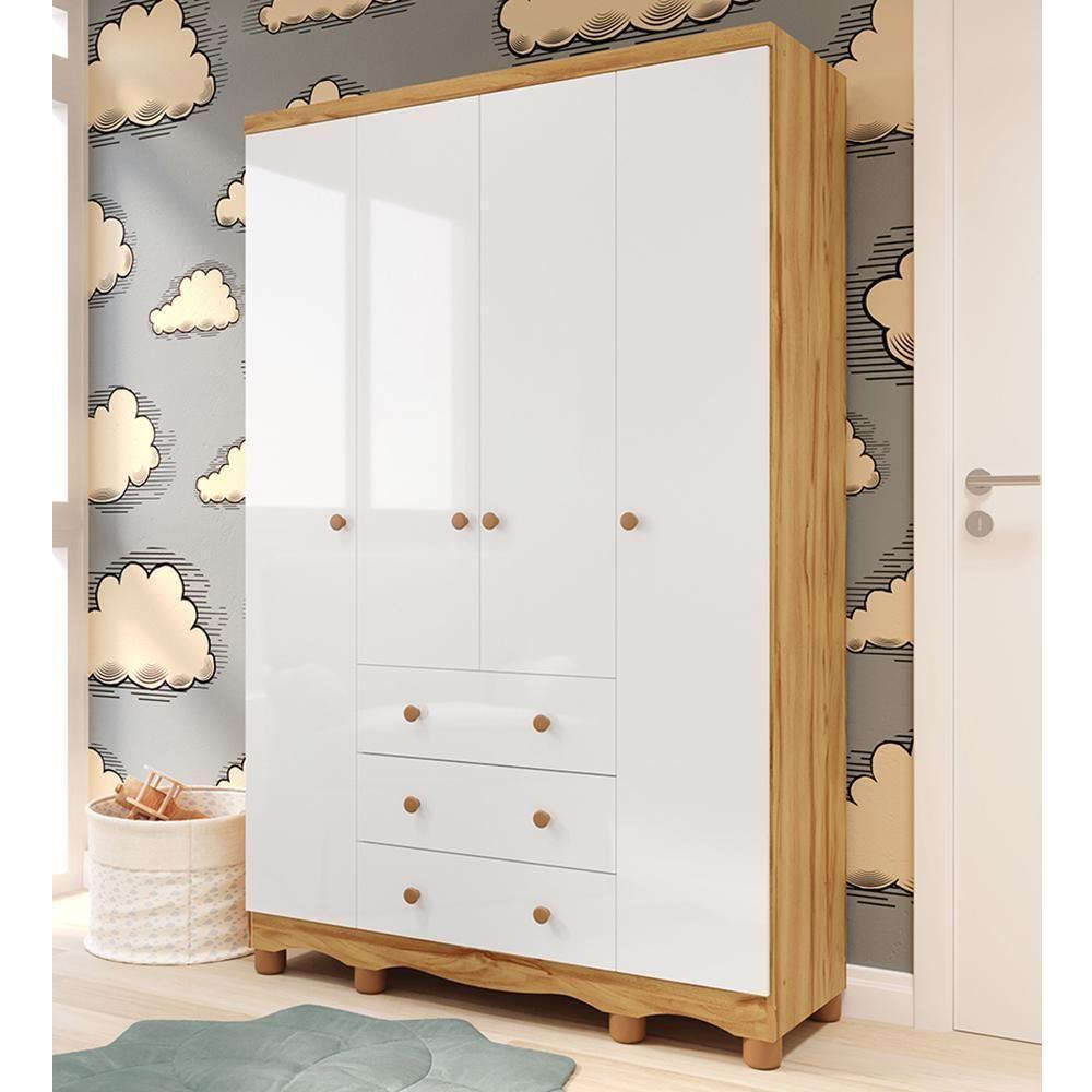 Guarda Roupa Infantil Júnior 4 Portas E 3 Gavetas Branco Brilho/amêndoa - Móveis Peroba - 2