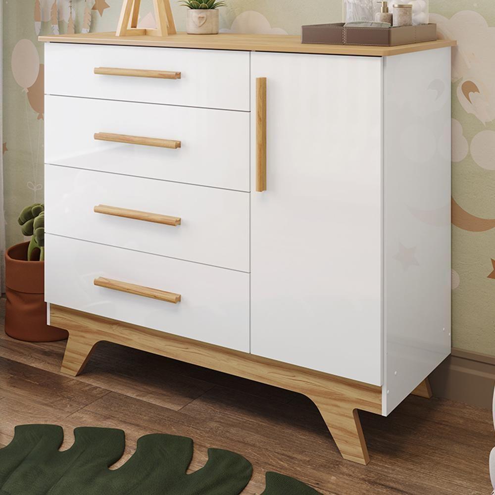 Cômoda Infantil Retrô 1 Porta E 4 Gavetas Branco Brilho/amêndoa - Móveis Peroba - 1