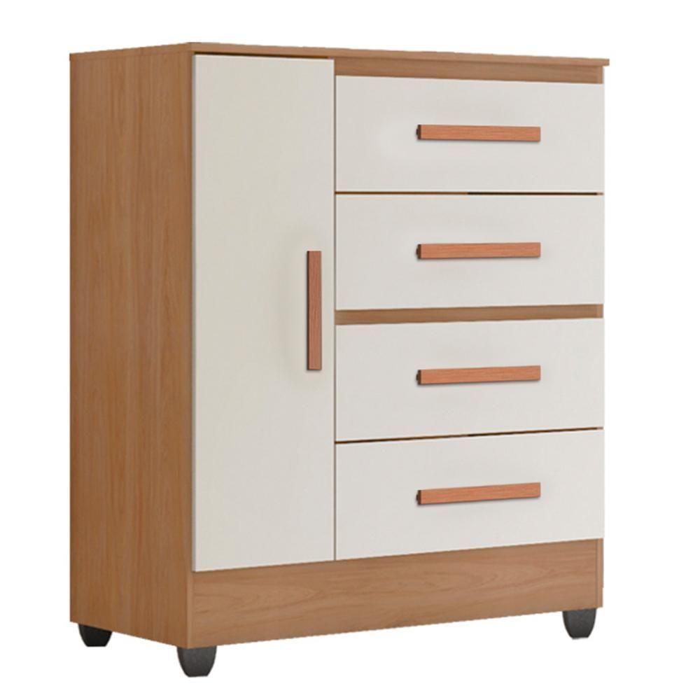 Cômoda Lite 1 Porta E 4 Gavetas Nature/off White Com Pés - Móveis Leão Nature/off White - 1