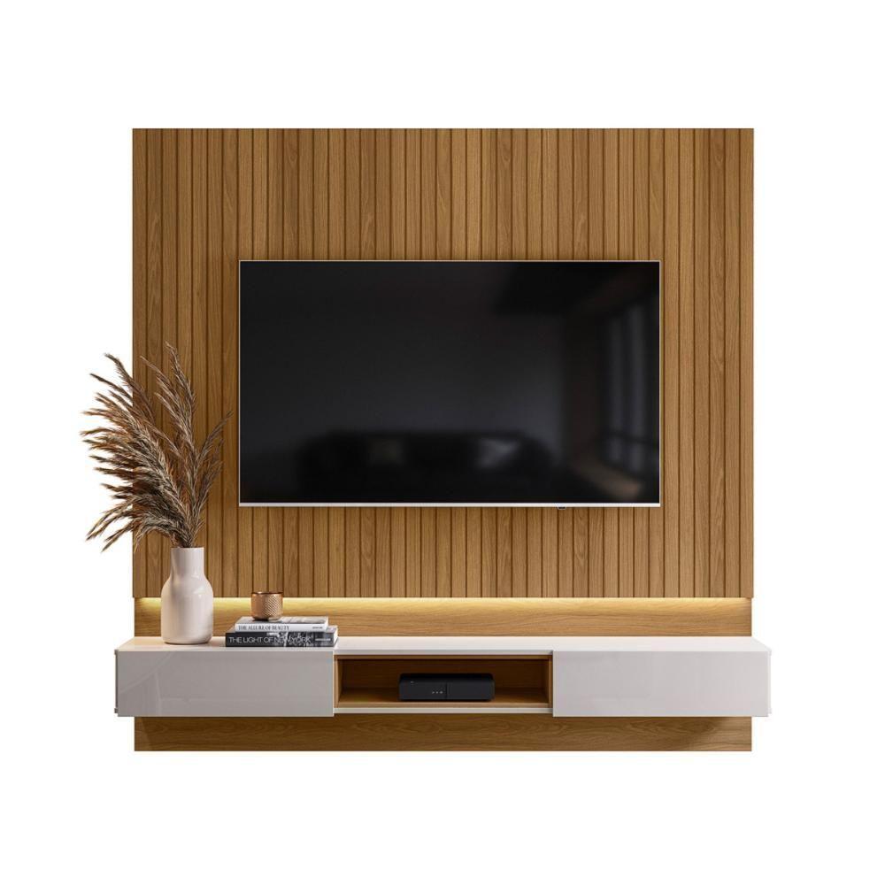 Painel Paris P/ Tvs Até 70 C/ Bancada 2 Gavetas Suporte P/ Decoração - Freijo Ripado/off White - 2