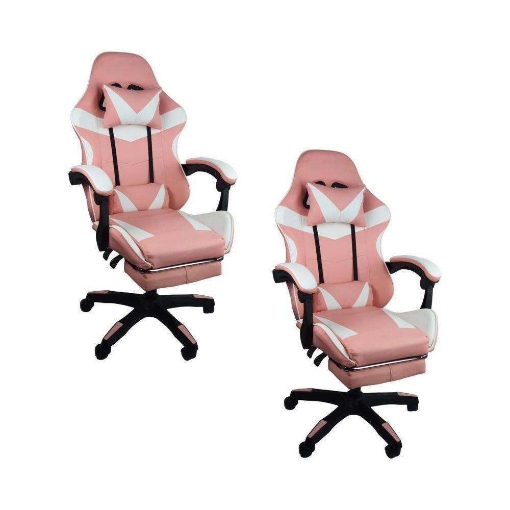 Kit 2 Cadeiras Gamer Stillus Ergonômica Com Apoio Para Os Pés - Rosa E Branco - 1