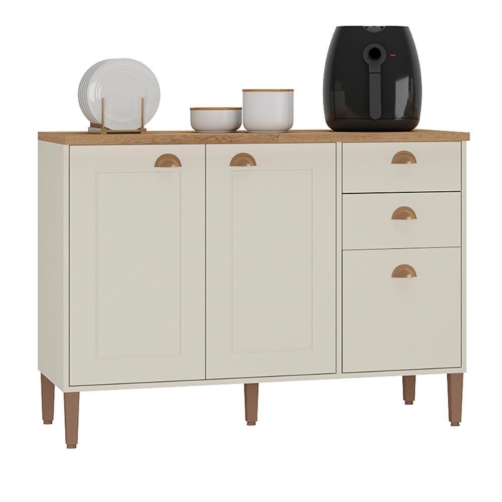 Balcão De Cozinha Tunísia Com Tampo 3 Portas E 2 Gavetas Off White/canelato - 1