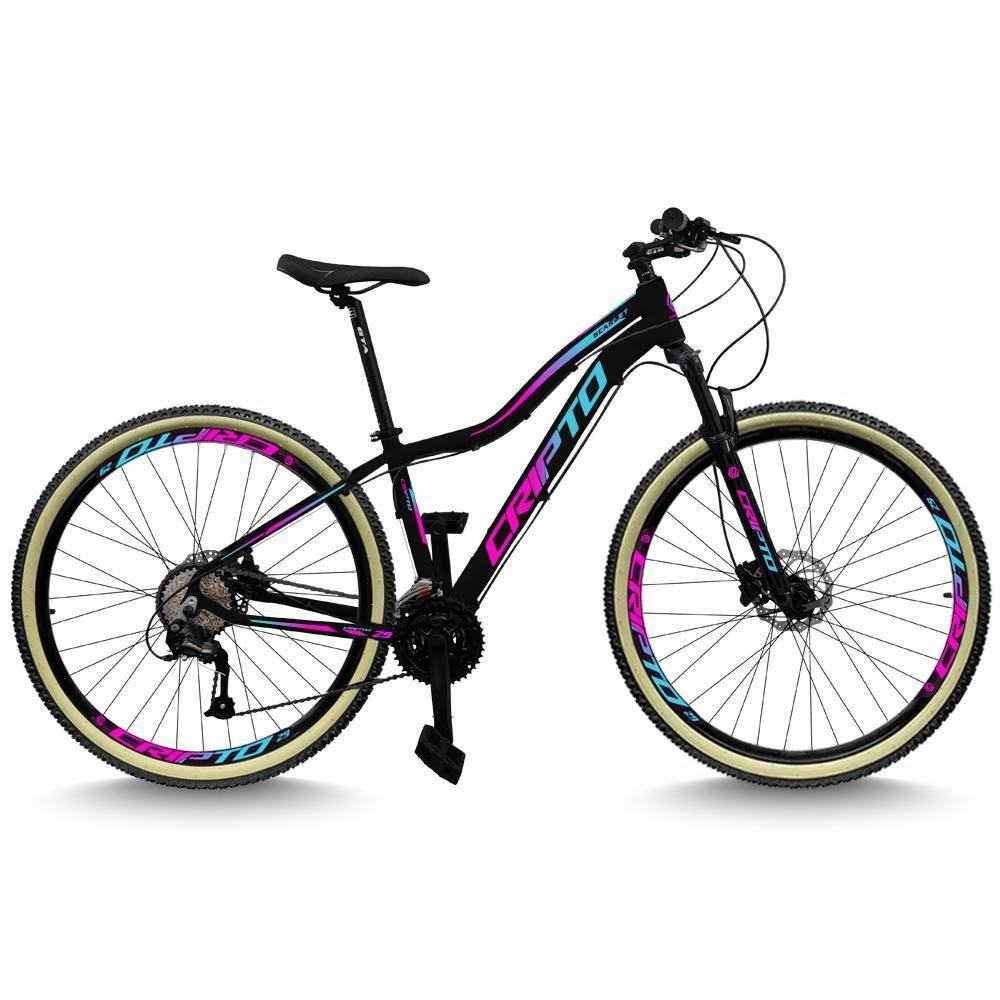 Bicicleta Aro 29 Cripto 24 Marchas Freio Disco C/suspensão Pneu Bege - Preto/azul E Rosa - 17" Preto/azul E Rosa - 1