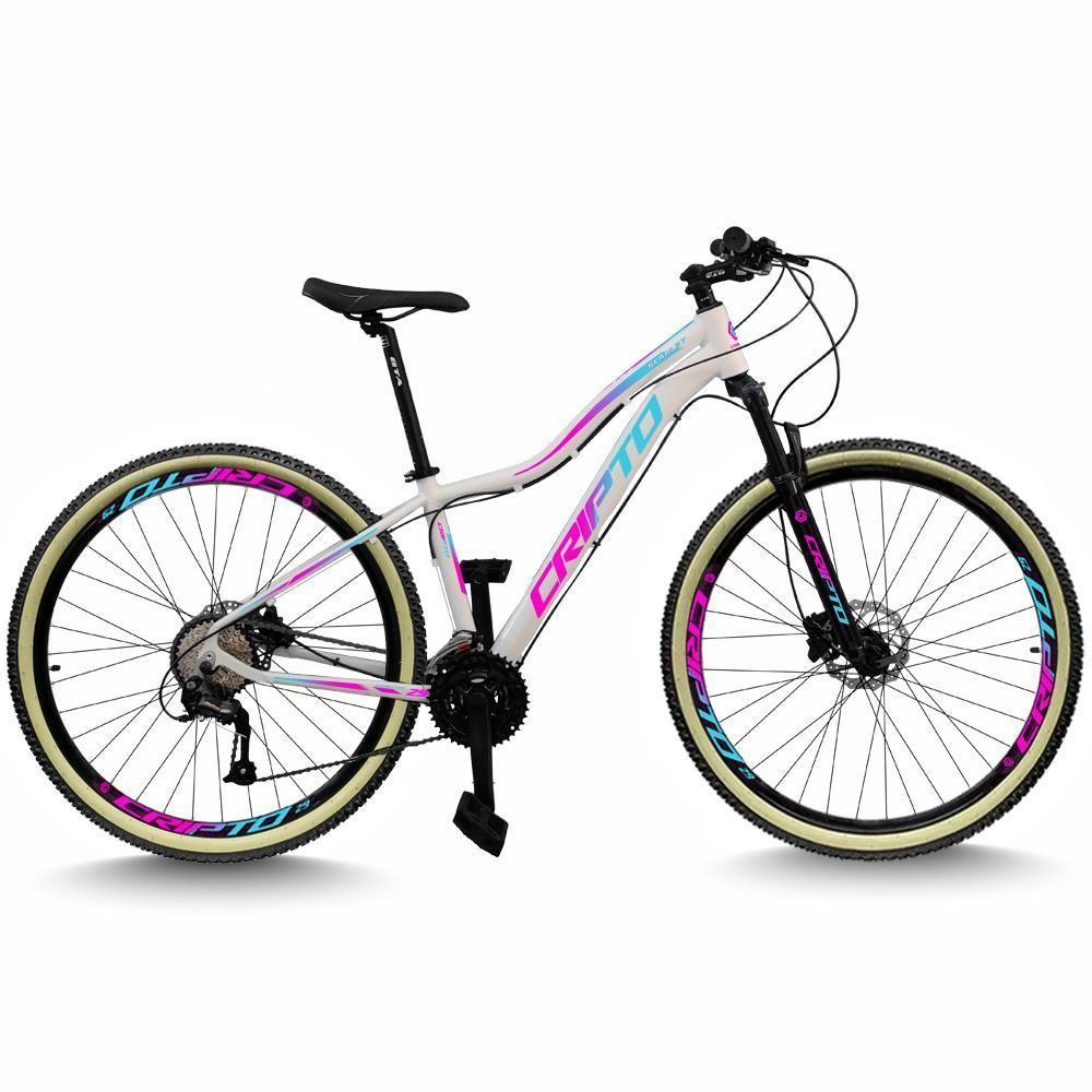 Bicicleta Aro 29 Cripto 24 Marchas Freio Disco C/suspensão Pneu Bege - Branco/azul E Rosa - 15" Branco/azul E Rosa - 1