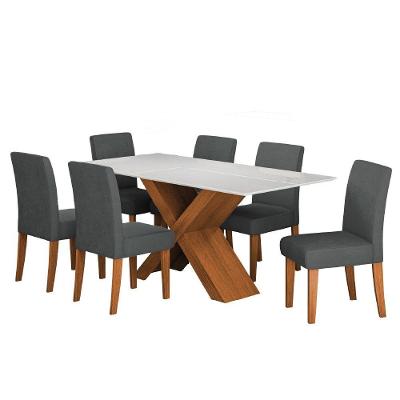 Conjunto de Mesa Sala de Jantar Grécia 6 Lugares Tampo em MDF com Vidro Amadeirado e Grafite 1 e 80m