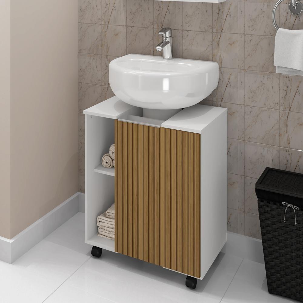 Gabinete Banheiro Pia De Coluna Pequin 56 Cm Bechara Branco Ripado - 6