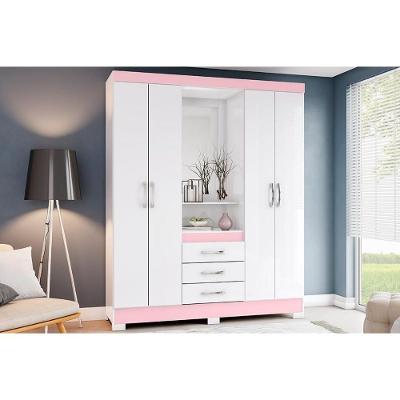 Guarda Roupa Solteiro Briz B24 4 Portas Bater 3 Gavetas Branco-Rosa