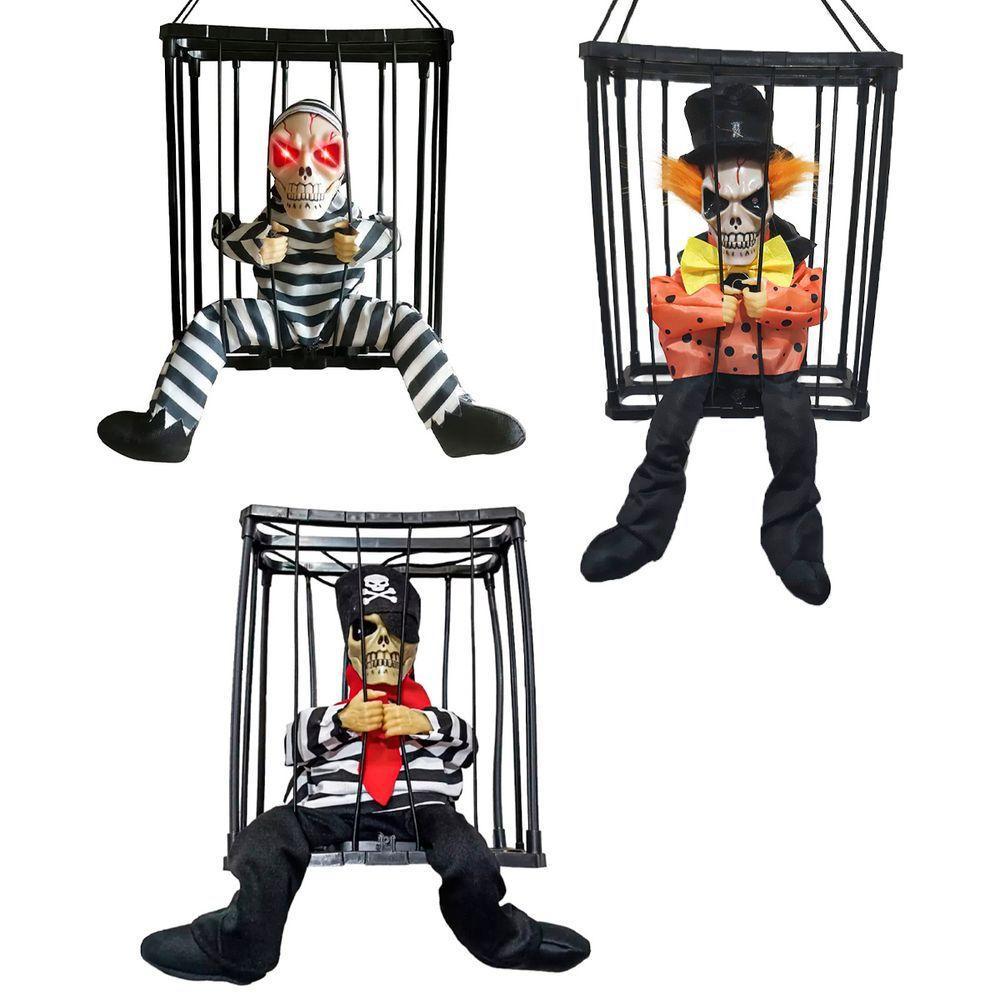 Boneco Halloween Esqueleto Na Jaula Com Sensor E Movimento - 1