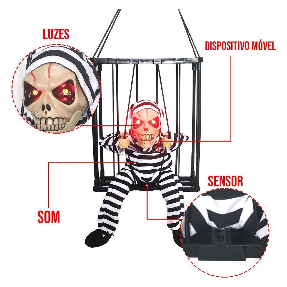 Boneco Halloween Esqueleto Na Jaula Com Sensor E Movimento - 6
