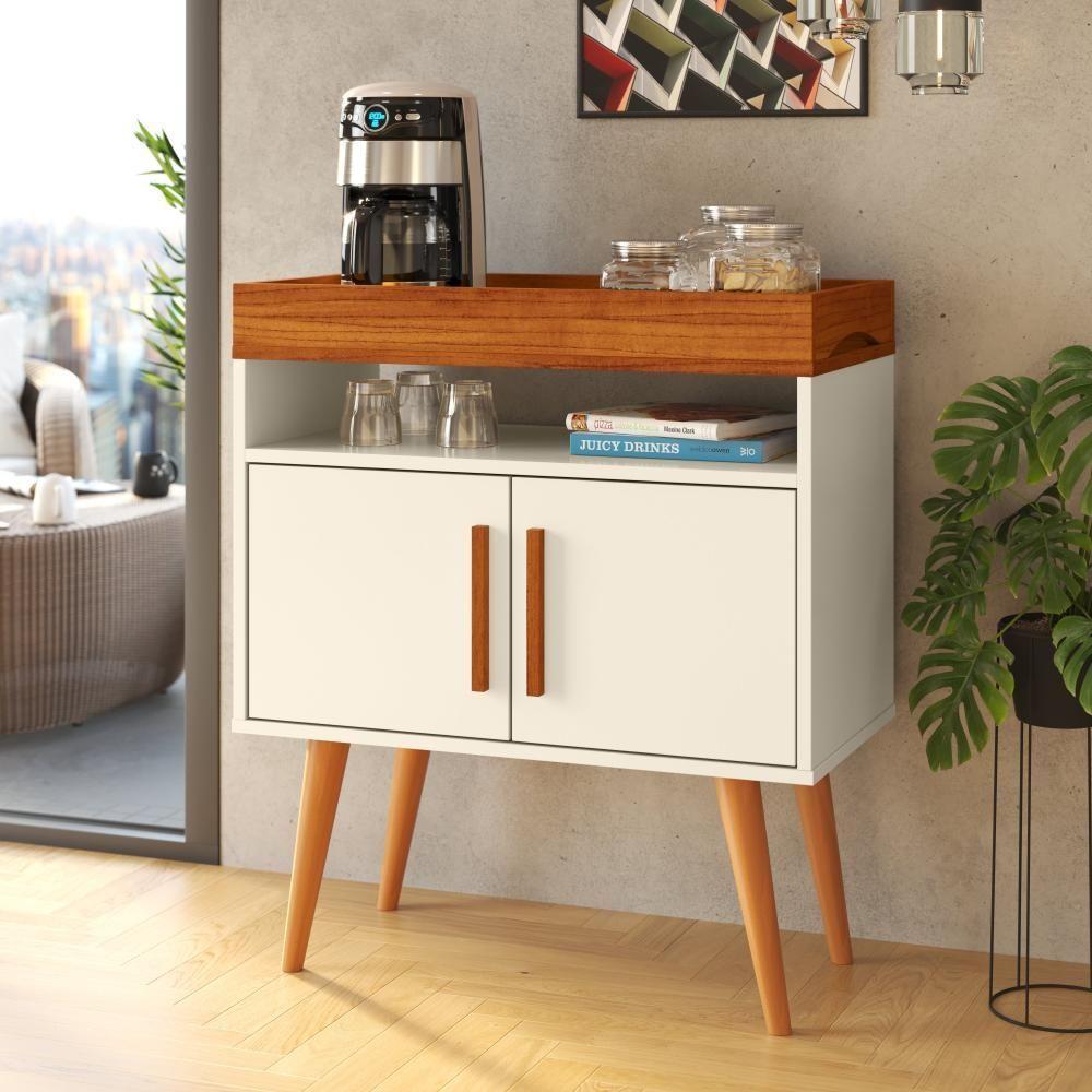 Aparador Café Drink Com Portas Pés Em Madeira Pinus Off White/caramelo - 1