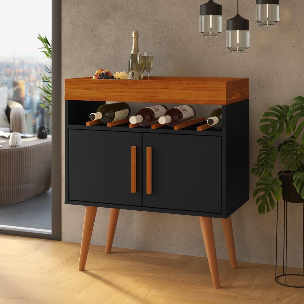 Aparador Café Drink Com Portas Pés Em Madeira Pinus Preto/caramelo - 1
