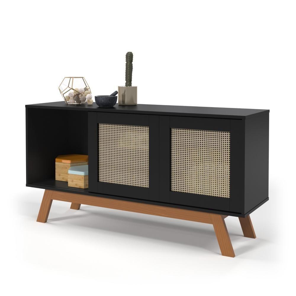 Rack Buffet Com Duas Porta De Correr Rattan Pés Em Madeira Preto - Ofertamo - 3