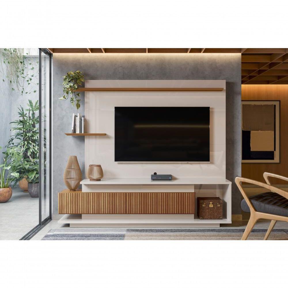 Home Istambul Painel P- Tvs Até 65'' 2 Portas Nichos E Prateleiras - Off White -jequitiba Ripado - 1