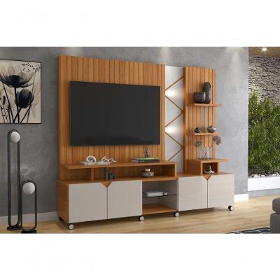 Home Cross Frisado Painel P- Tvs Até 55'' C- 4 Portas E Prateleiras P- Decoração - Jequitiba-off White Perolizado