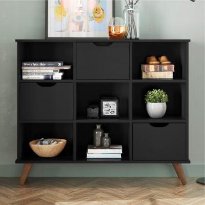 Conjunto Nicho Organizador Zuri 9 Espaços Retrô Preto + Kit 3 Gavetas Pretas
